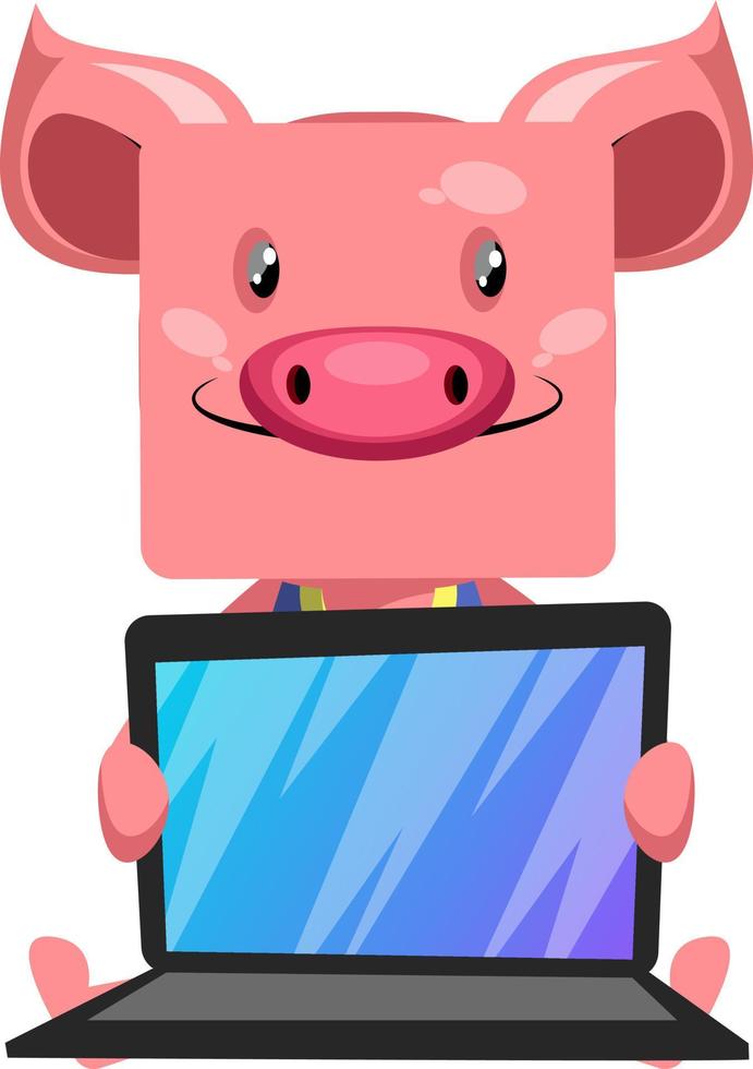 Pig with lap top, illustration, vector on white background.