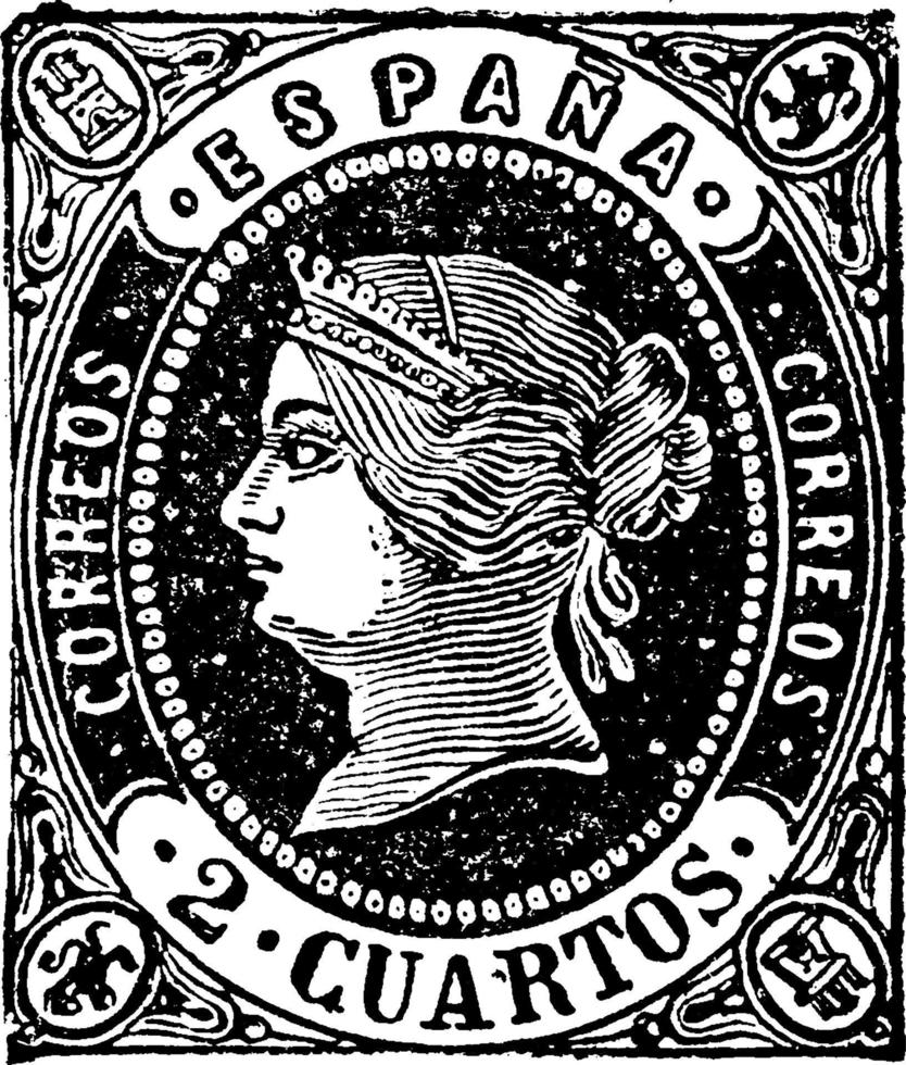 Spain 2 Cuartos Stamp, 1862, vintage illustration vector