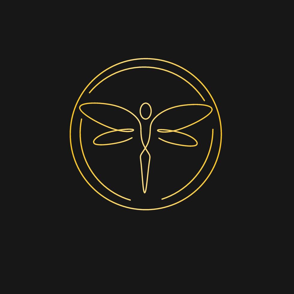 Illustration vector graphic ofdragonfly line art logo with golden circle