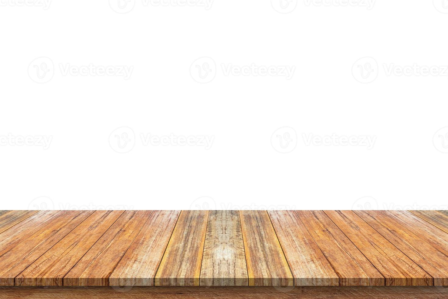Empty wooden table top isolated on white background for product display photo
