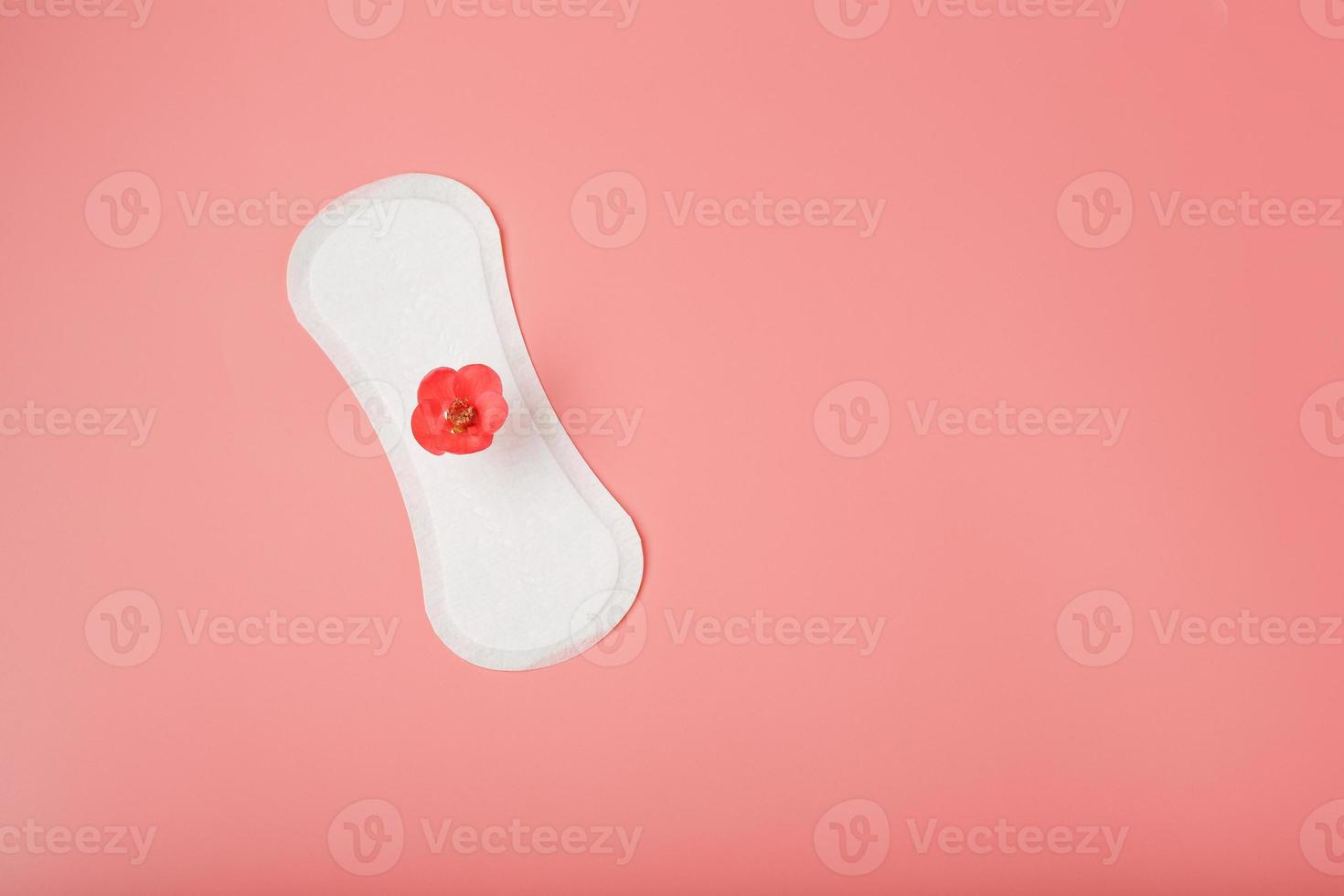 Sanitary pad on a pink background with a red flower. Free space for text. photo