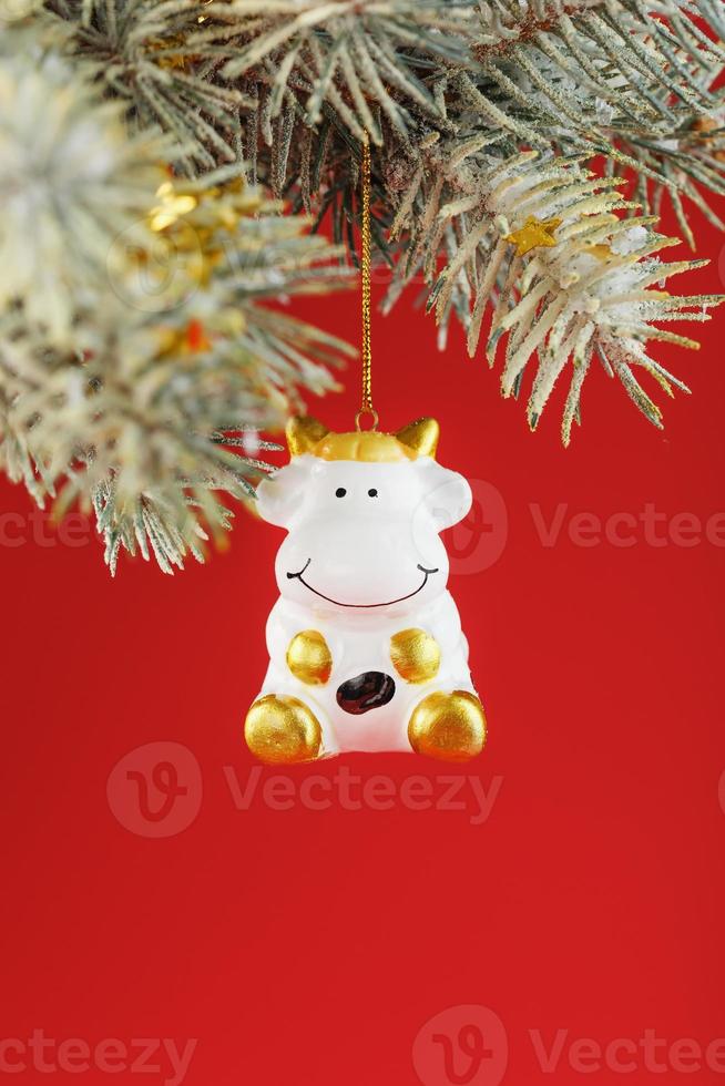 A figurine of a cow on a Christmas card on a red background, free space for text photo