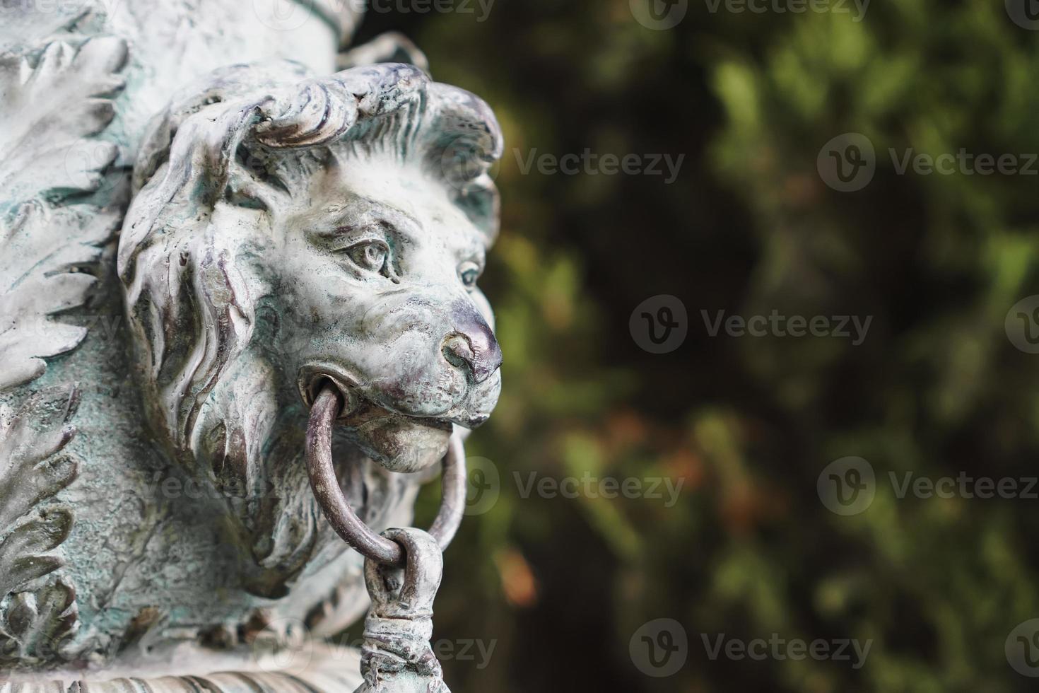Bronze lion's head made of metal on a column in the Park. photo