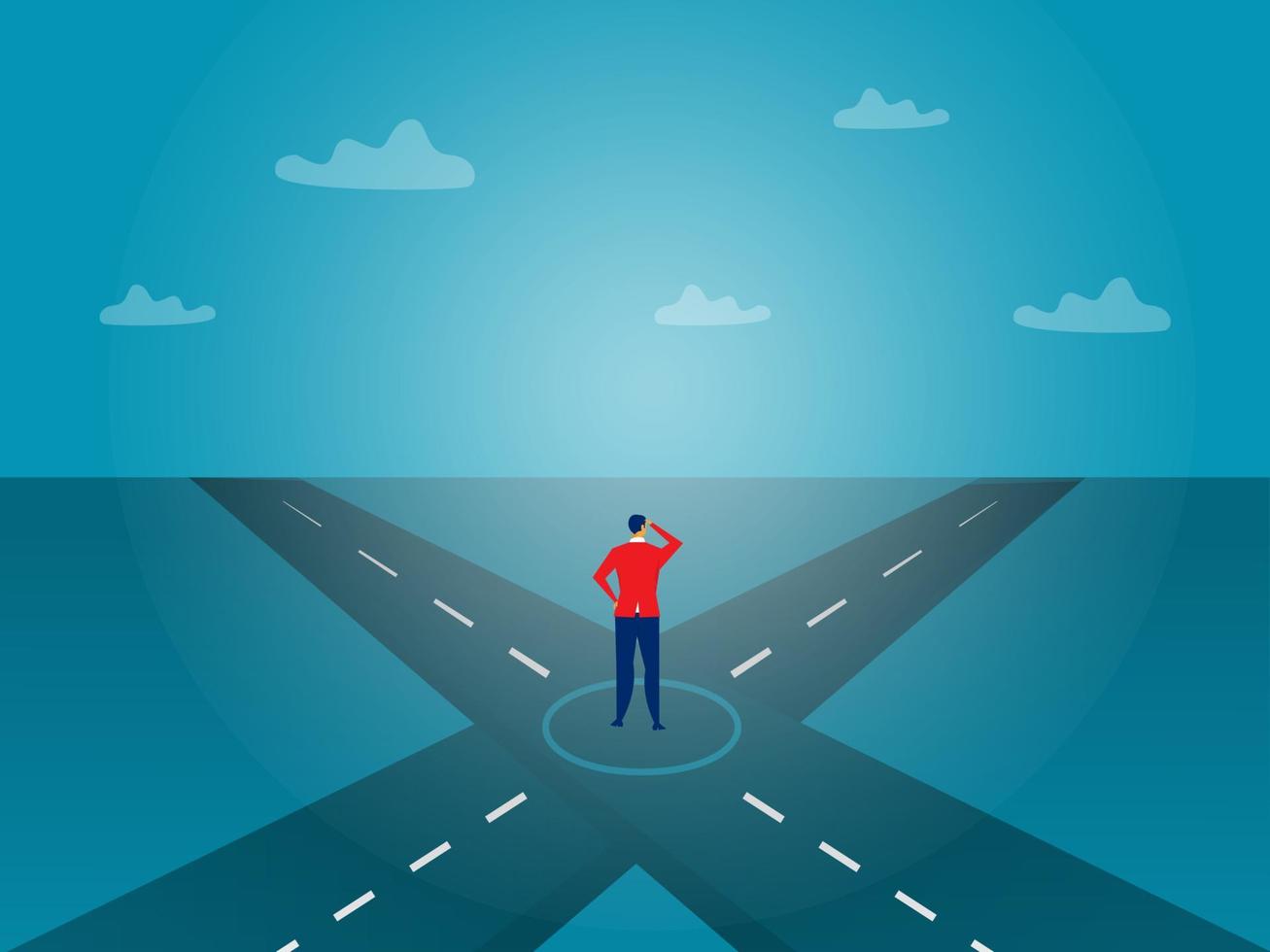 Businessman Standing on the Crossroads for Decision Which Way to the future. Bifurcated road. Abstract vector illustration.