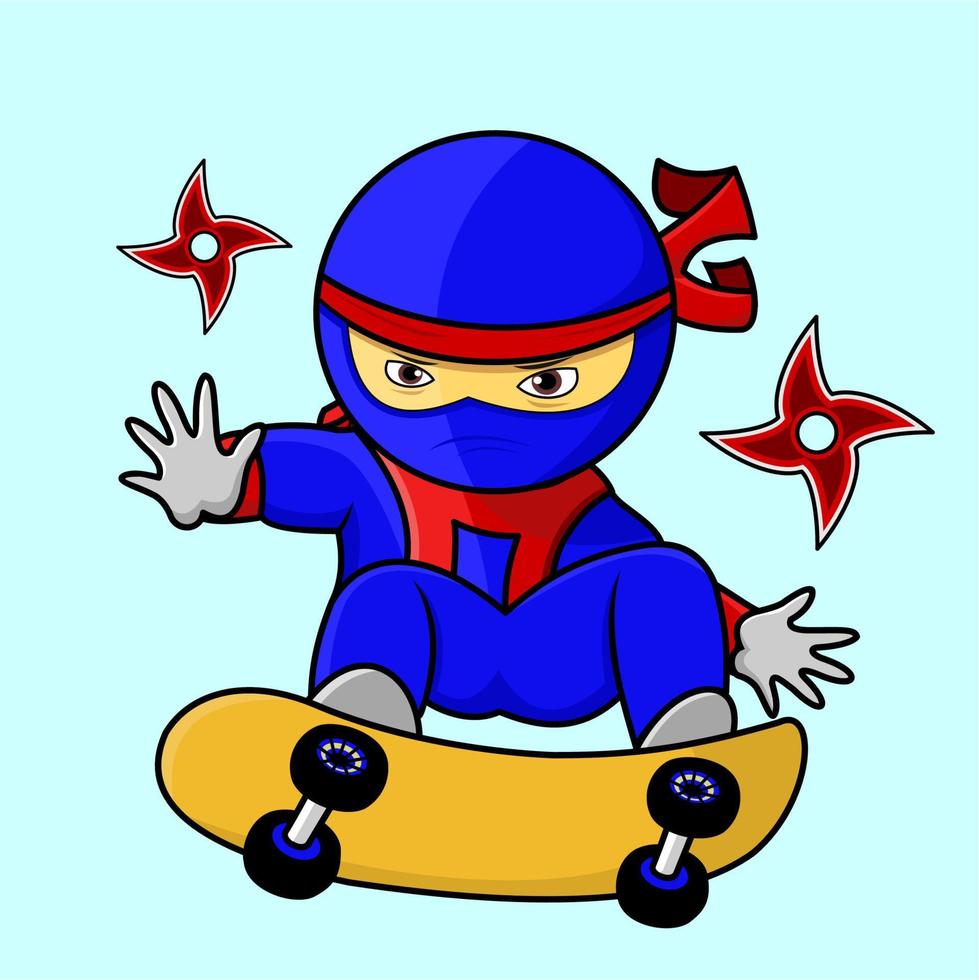 ilustración de ninja jugando a la patineta, ninja elemental, adecuado para las necesidades de los elementos de publicación de redes sociales, desolladores, libros para niños, etc. vector