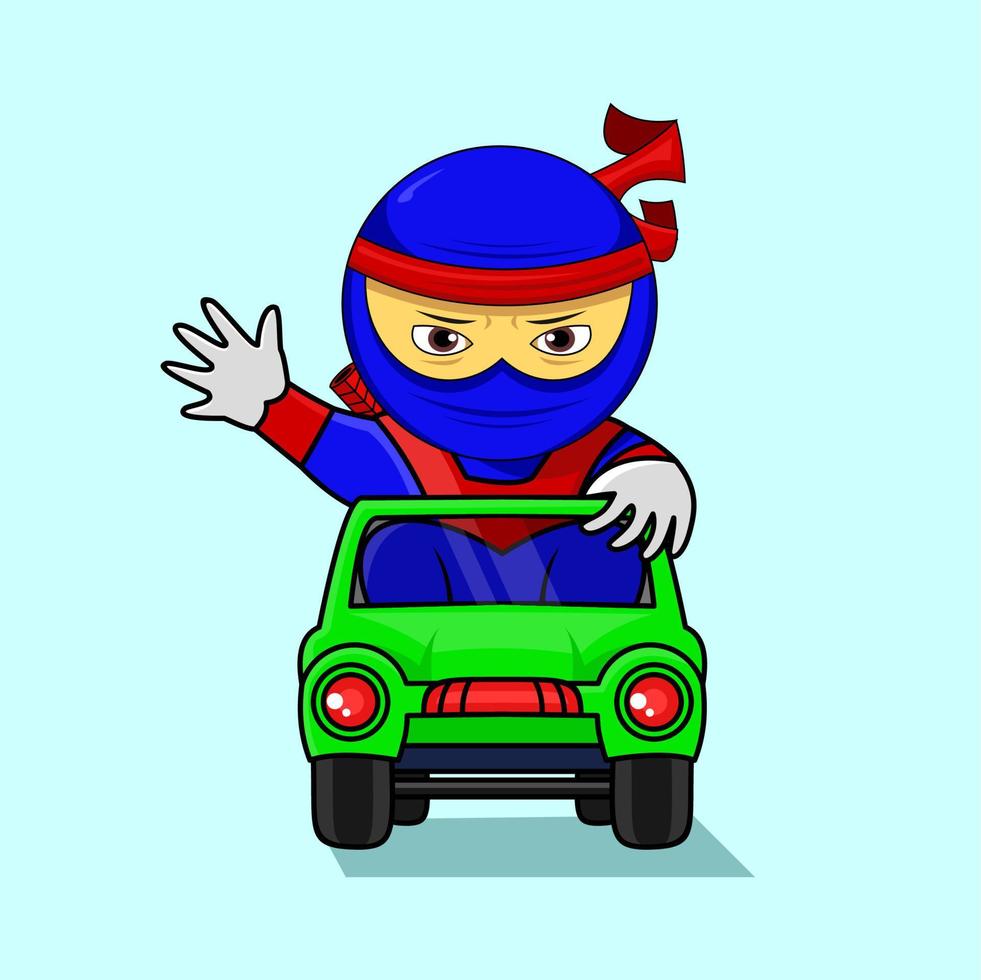 lindo personaje, ninja conduciendo un auto, ícono, adecuado para libros infantiles, camisetas, exhibiciones y otros vector