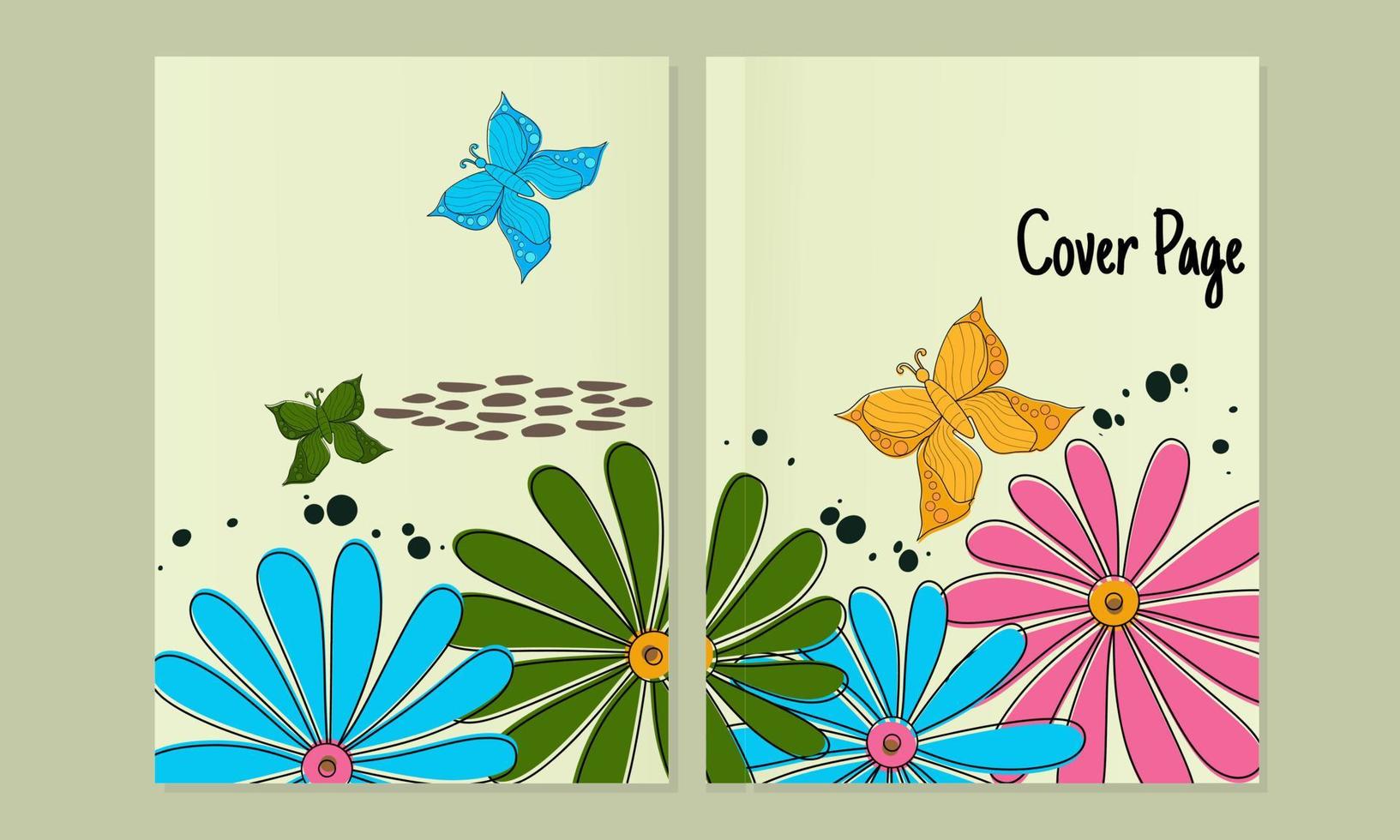 nature page cover set.Botanical floral and butterfly design element for notebook planner, book, catalog,brochure. Decorative page background exotic flower, hand drawn scribble vector