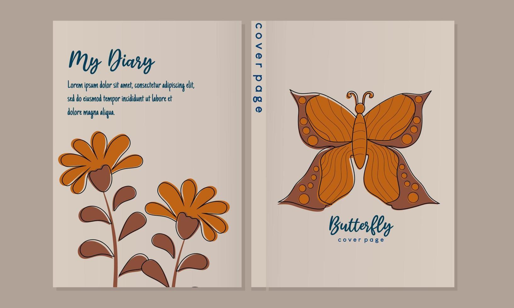 nature page cover set.Botanical floral and butterfly design element for notebook planner, book, catalog,brochure. Decorative page background exotic flower, hand drawn scribble vector