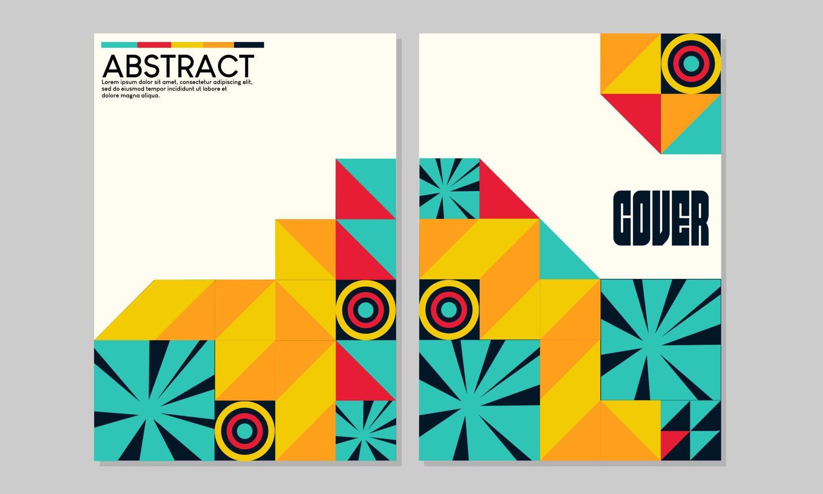 Swiss Bauhaus style cover page design set. abstract geometric background. Mosaic illustration for annual, catalog, magazine, poster, notebook vector
