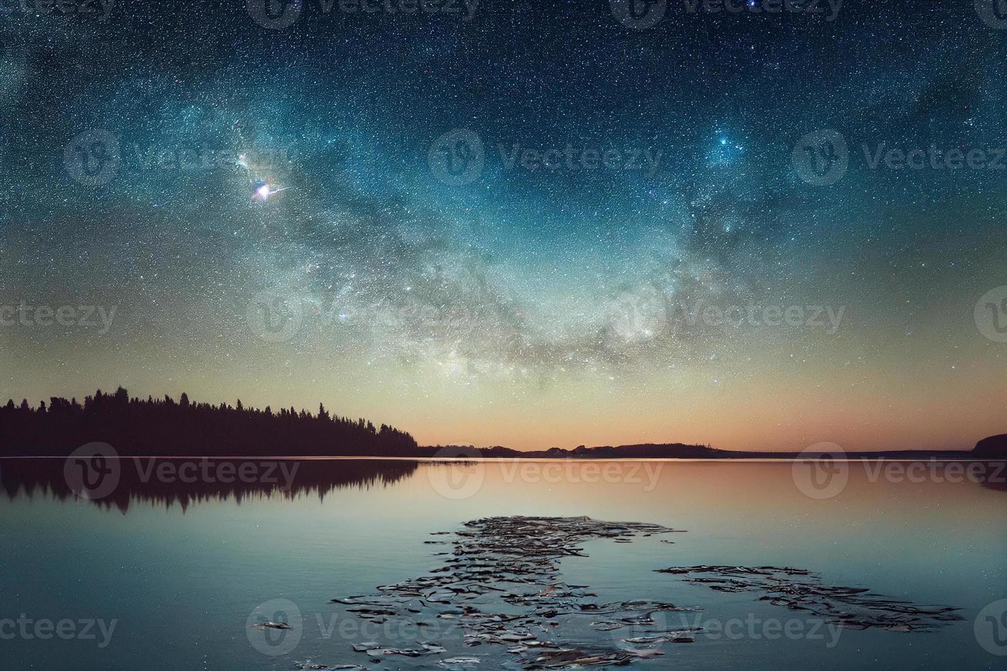 below the water is a robust tidepool with lots of and and and , above the water is the milky way galaxy above a crystalline lake, photo