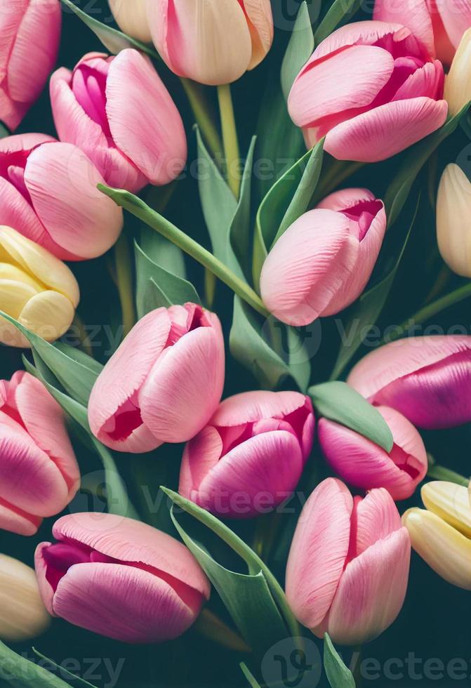 Beautiful composition spring flowers. Bouquet of pink tulips flowers on past photo