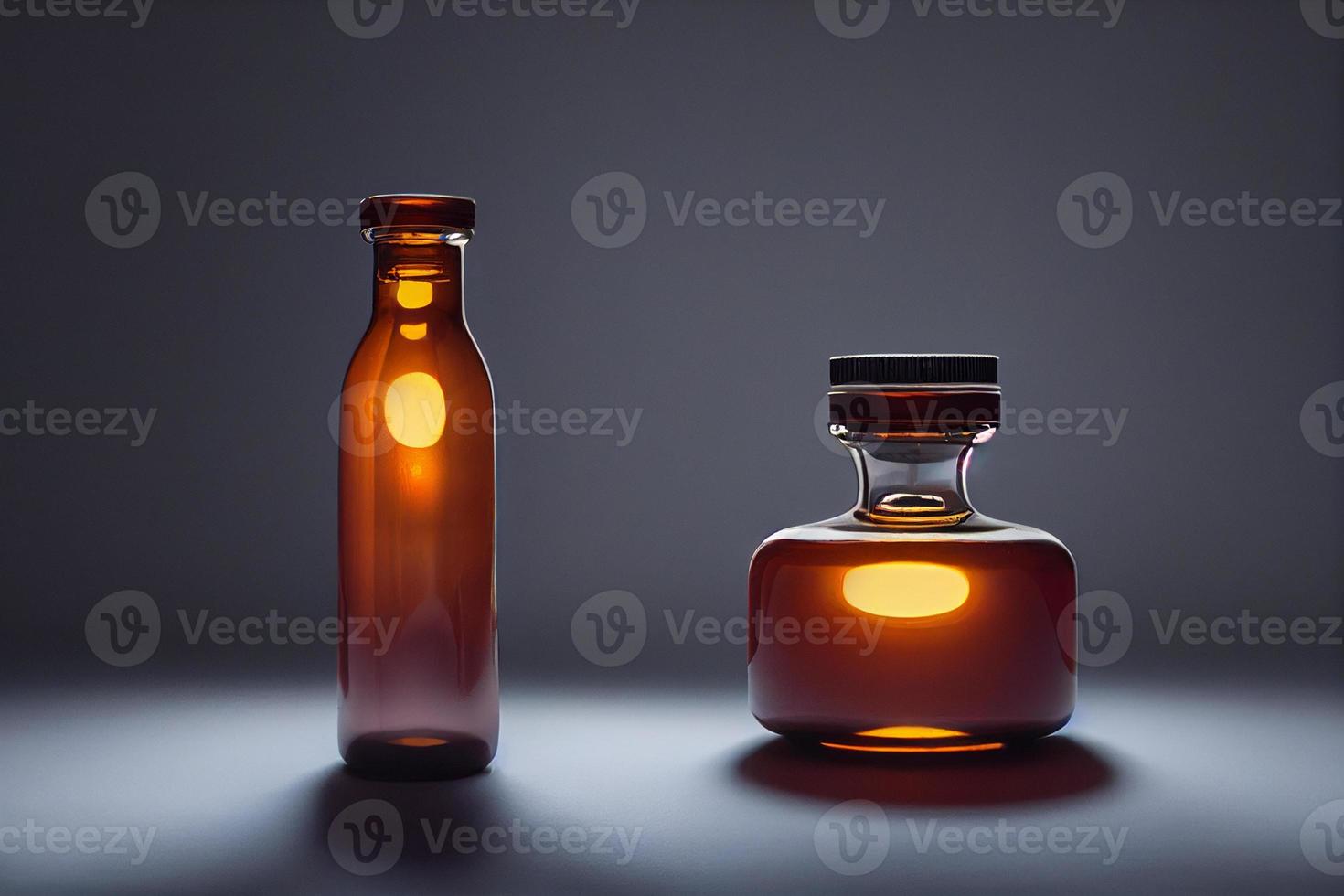 Amber bottles, presentation, product mock up. 3d illustration photo