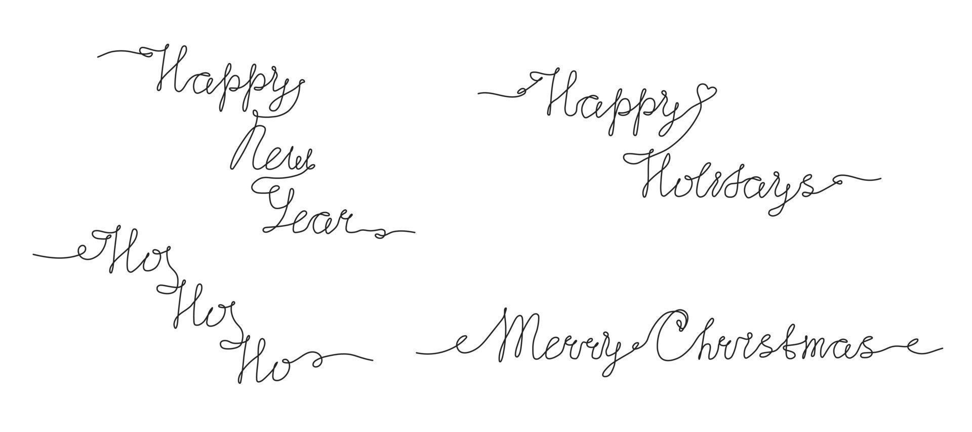 Continuous one line drawing of letterings Merry Christmas, Happy New Year, Happy Holidays, Ho Ho Ho. Collection of festive calligraphy for design, greeting card, banner, poster and flyers. Vector