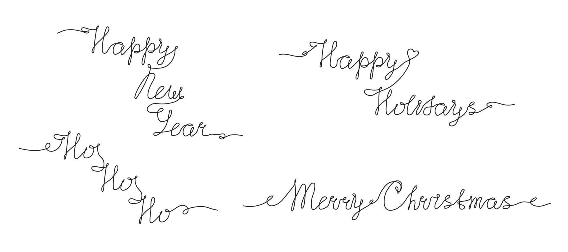 Continuous one line drawing of letterings Merry Christmas, Happy New Year, Happy Holidays, Ho Ho Ho. Collection of festive calligraphy for design, greeting card, banner, poster and flyers. Vector