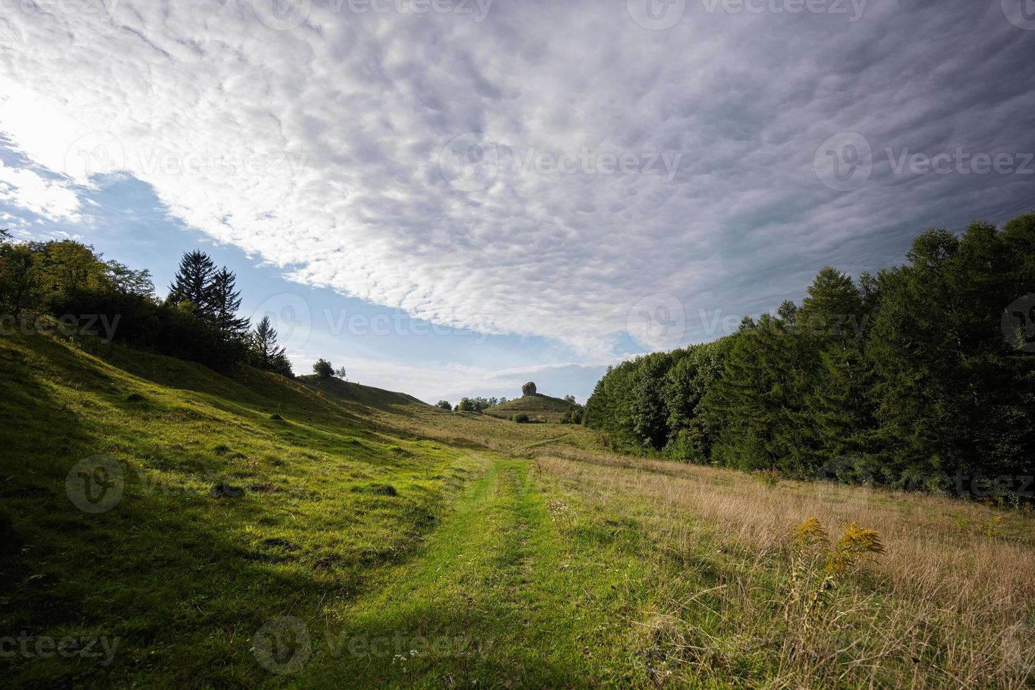 Pidkamin inselberg stone on hill landscape. Ukraine. photo