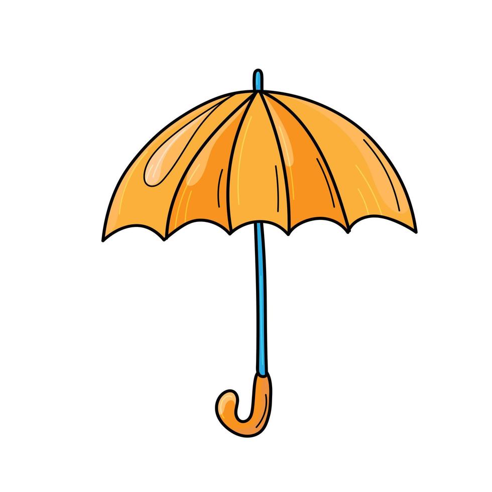 Cute orange umbrella. Vector illustration of an open umbrella. Autumn umbrella in cartoon style. Vector object. White isolated background.