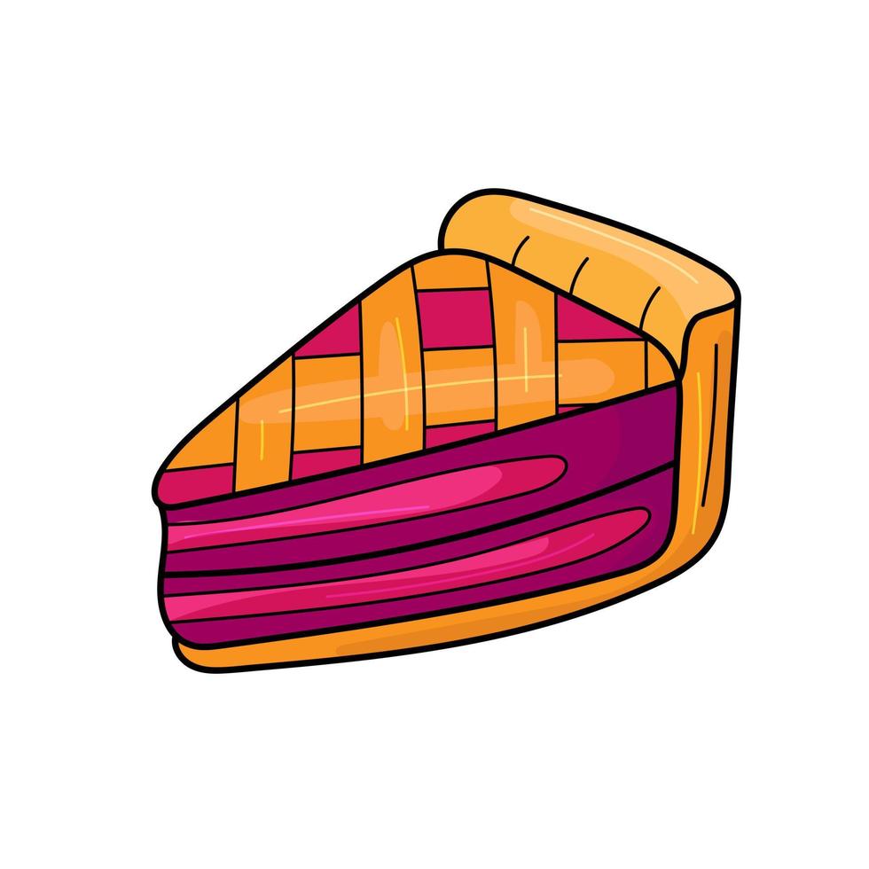 Cute cartoon pie. Cherry or bleuberry pie drawing. Cartoon image of traditional American baked dessert. Isolated vector illustration. Piece of pie