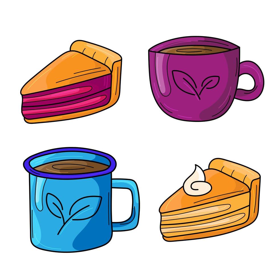 juego de té en tazas y pasteles. ilustración vectorial de dibujos animados aislado en blanco. estado de ánimo de otoño. colores brillantes. tartas de bayas y calabaza. vector