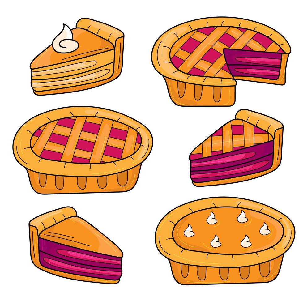 conjunto de pastel dibujado a mano - estilo de dibujos animados en blanco. tartas de bayas y calabaza. piezas y pasteles enteros. vector