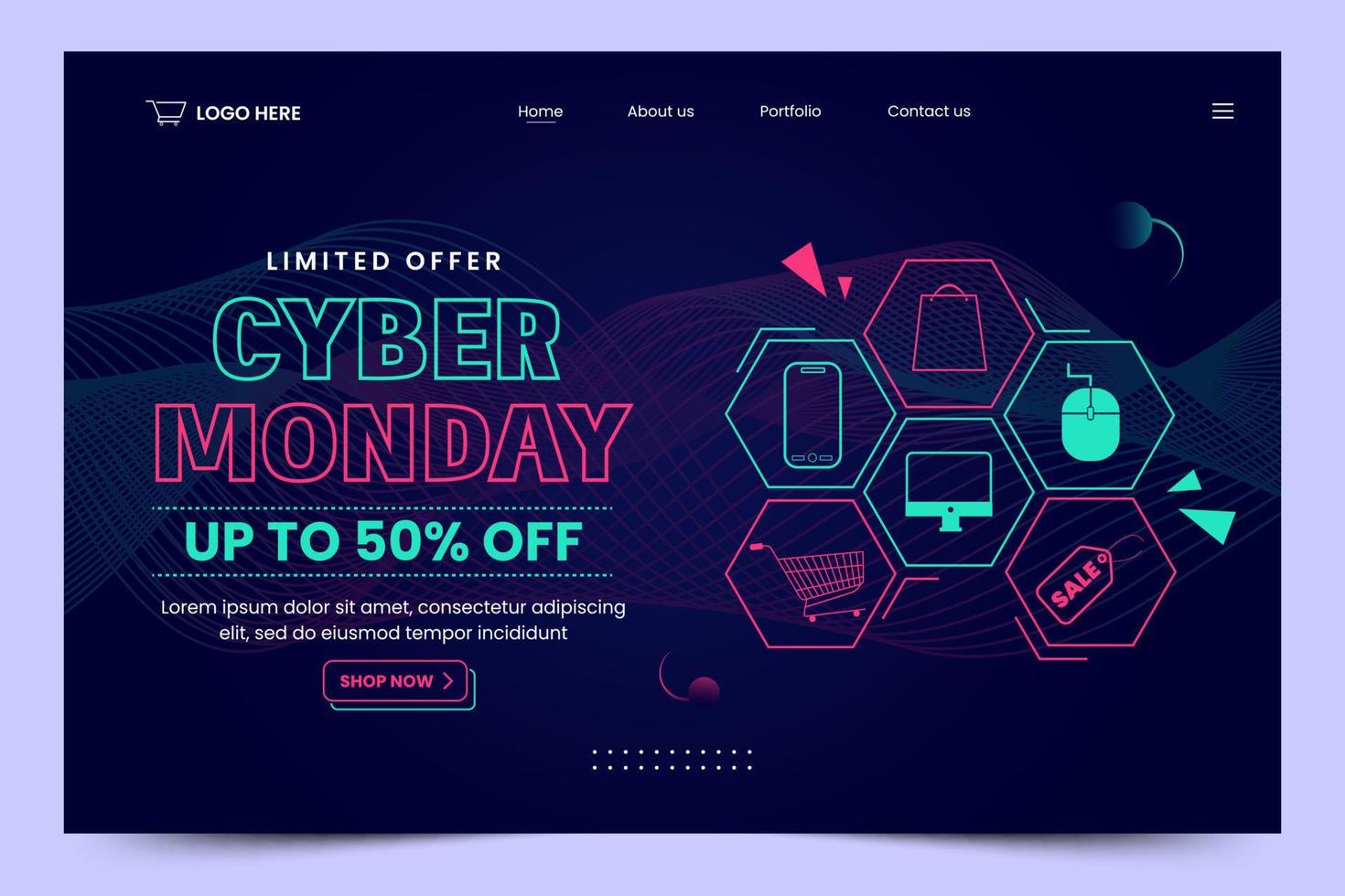 Cyber Monday landing page design template vector