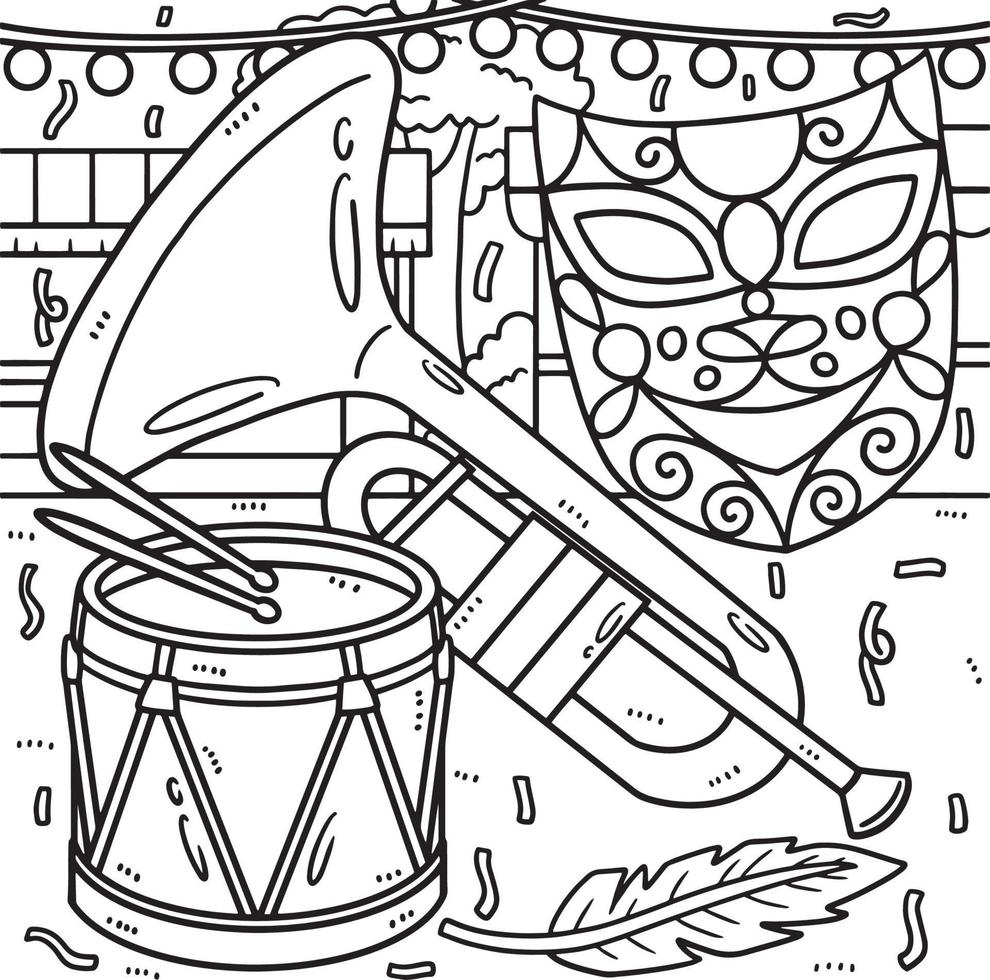 Mardi Gras Trumpet, Drum And Mask Coloring Page vector