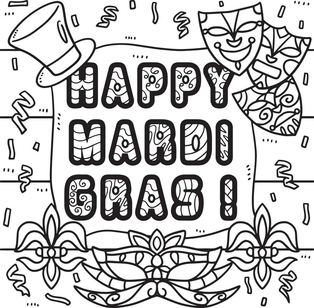 Happy Mardi Gras Coloring Page for Kids vector