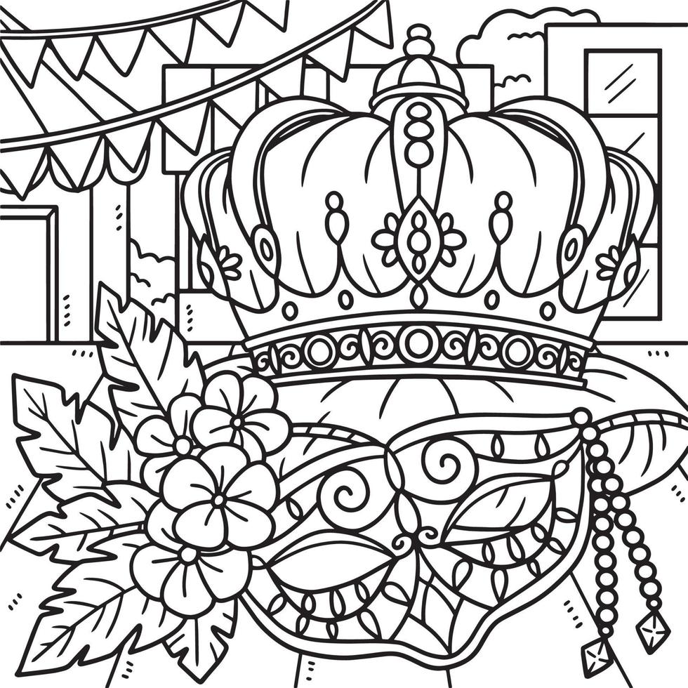 Mardi Gras King Crown and Mask Coloring Page vector