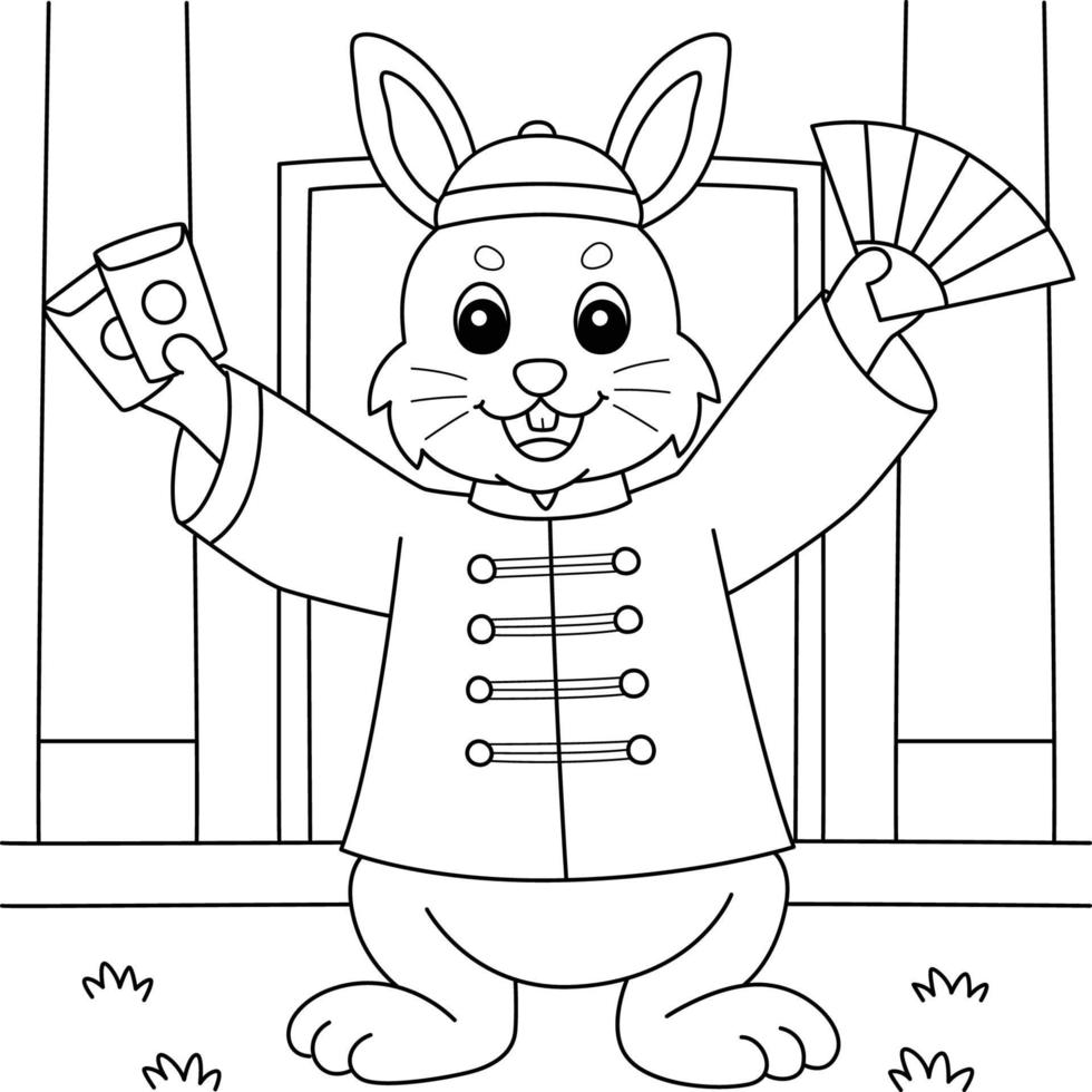 Rabbit Wearing Chinese Dress Coloring Page vector