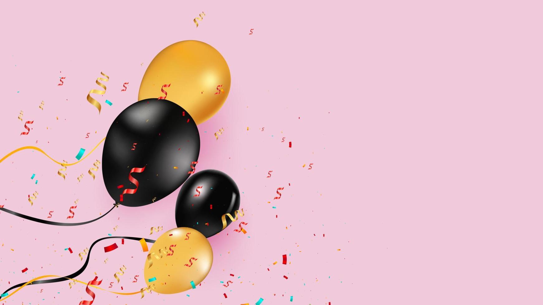 Black and yellow helium balloons on pink background. Flying latex ballons. Vector illustration. Holiday background for card, poster, flyer, voucher.