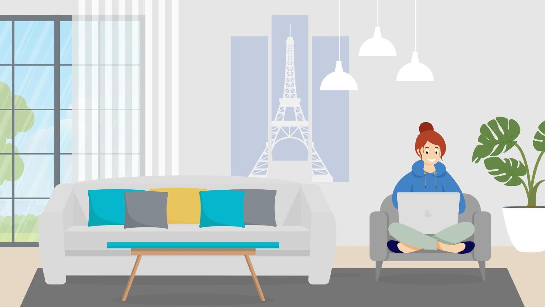 Freelancer woman with notebook on sofa at home. Vector flat illustration.