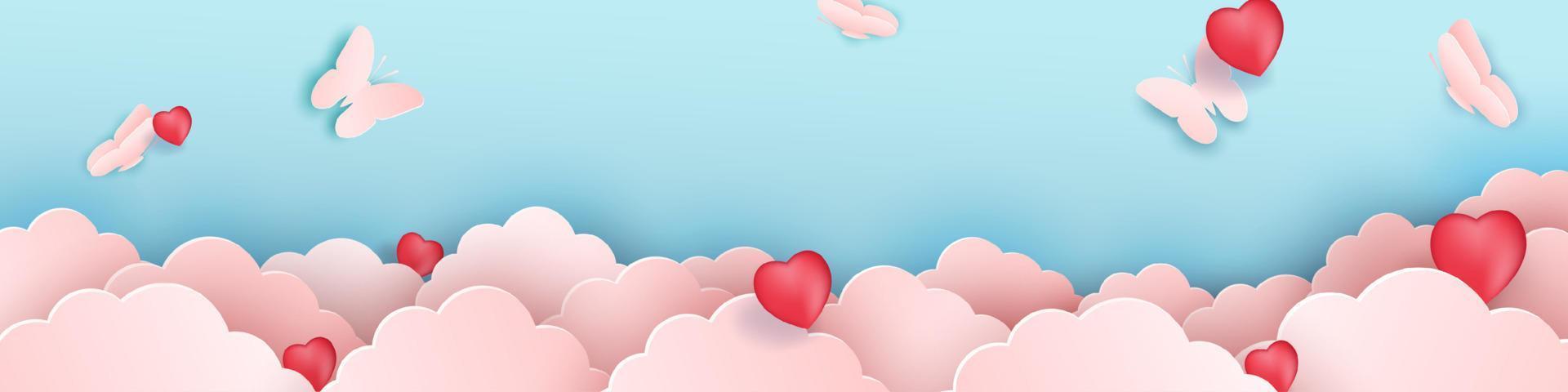 Papercut design, Vector paper clouds with butterflies. Pink cloud, red hearts, blue background