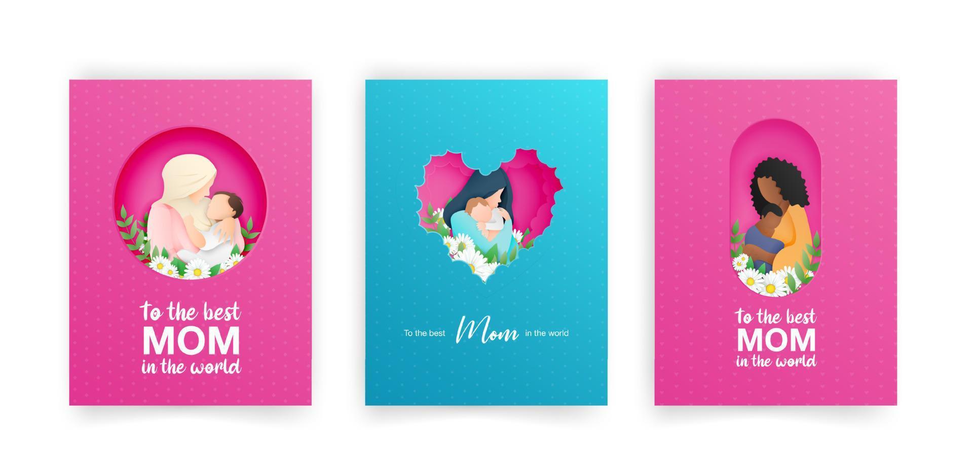 Set of blue and pink greeting cards for mothers day. Women and baby silhouettes, congratulation text, cuted heart on dotted background, paper cut art style. Vector illustration, layers are isolated.