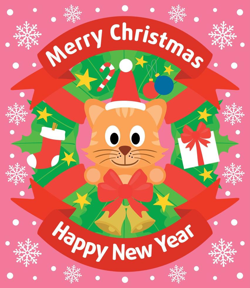 Christmas and New Year background card with cat vector