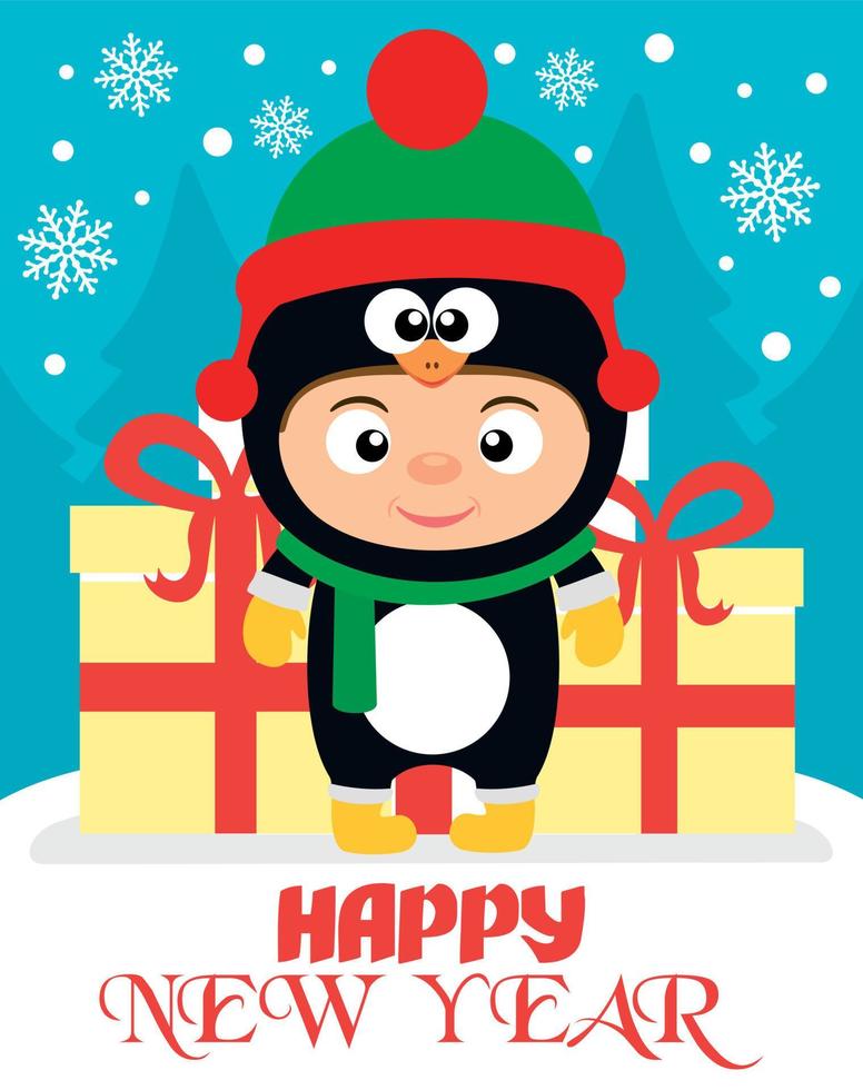 fondo de feliz año nuevo con niño disfrazado de pingüino vector