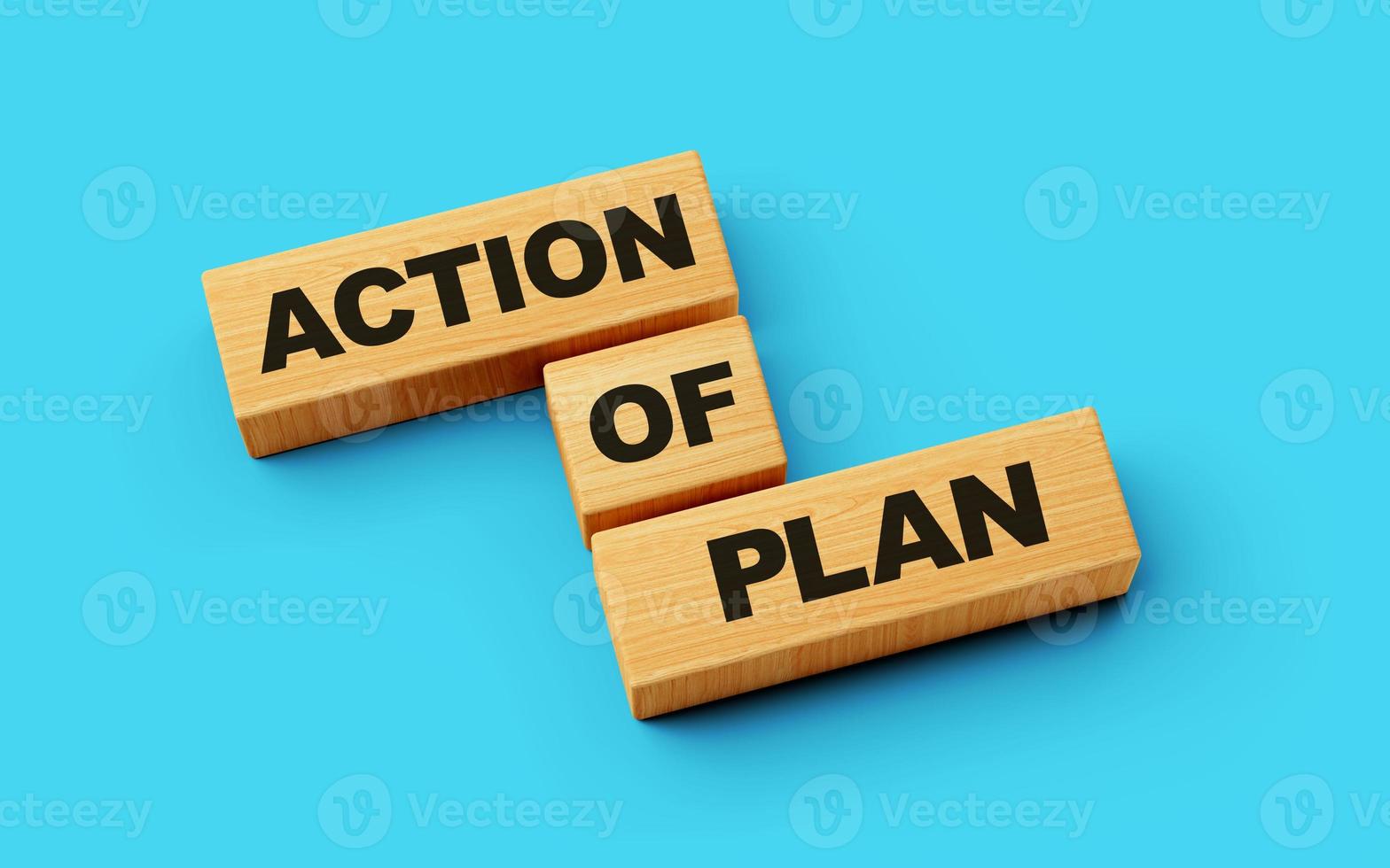 acción del texto del botón del plan en bloques de madera aislado fondo azul brillante ilustración 3d foto