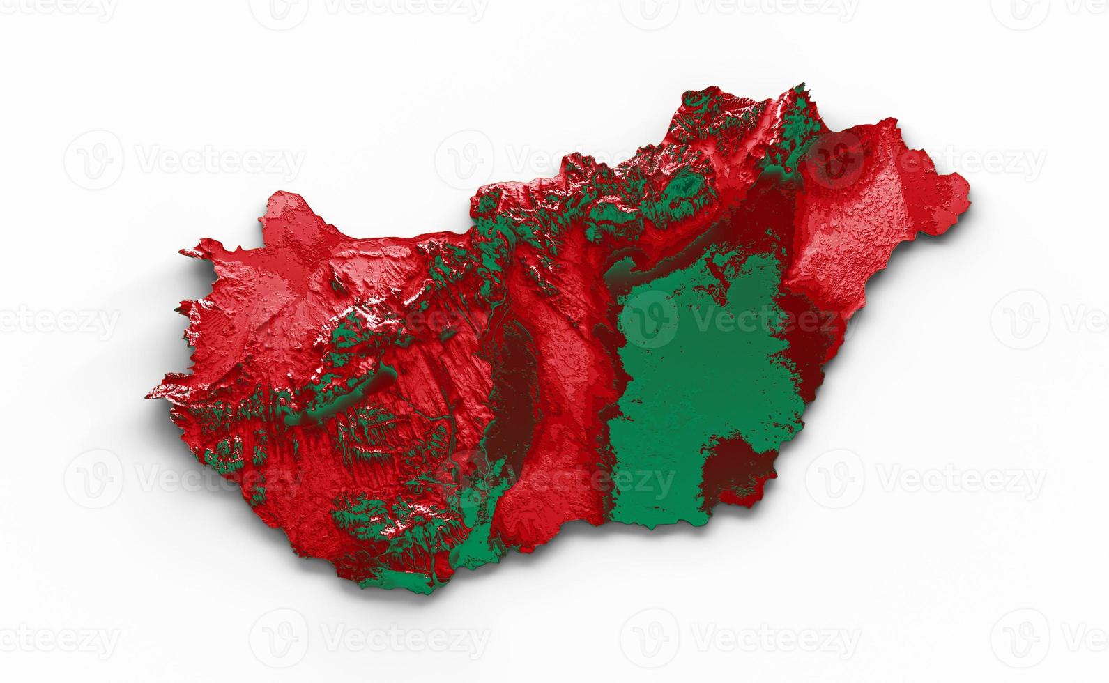 mapa de hungría con los colores de la bandera verde y rojo mapa en relieve sombreado ilustración 3d foto