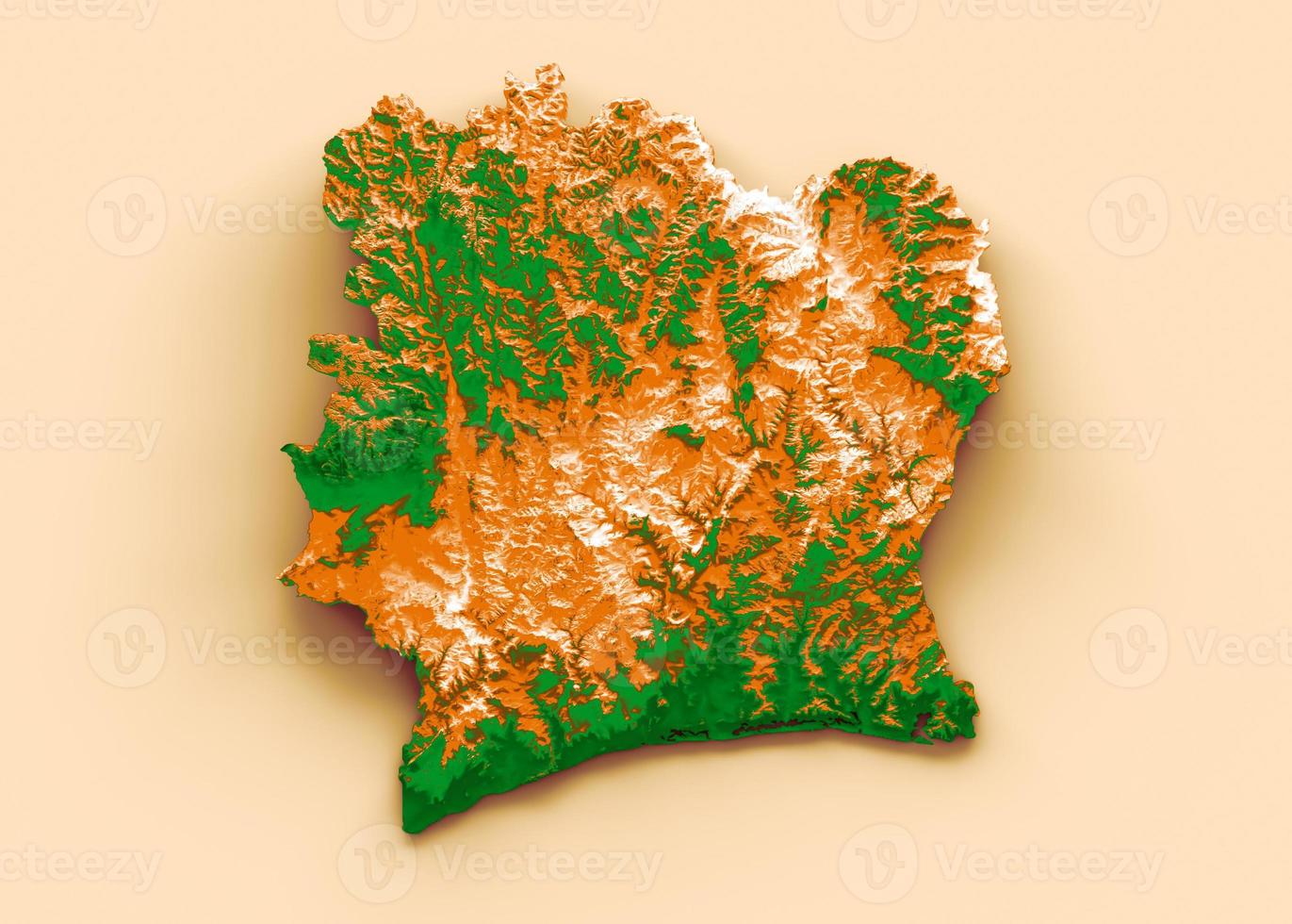 Ivory Coast map with the flag Colors Green and yellow Shaded relief map 3d illustration photo