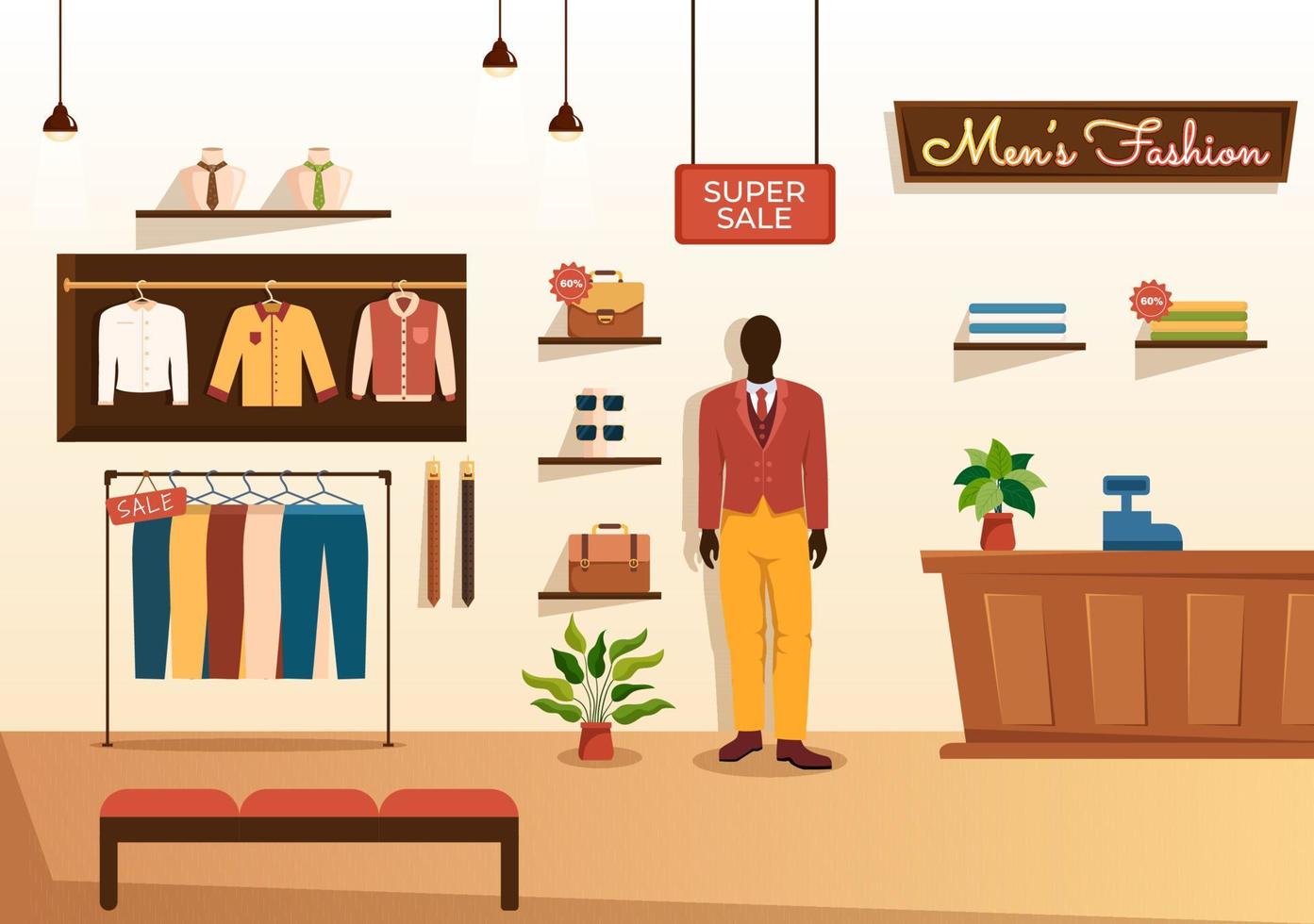 hombres de moda y atuendo de hombre de moda en boutique interior o tienda de ropa para comprar en dibujos animados planos dibujados a mano ilustración de plantillas vector