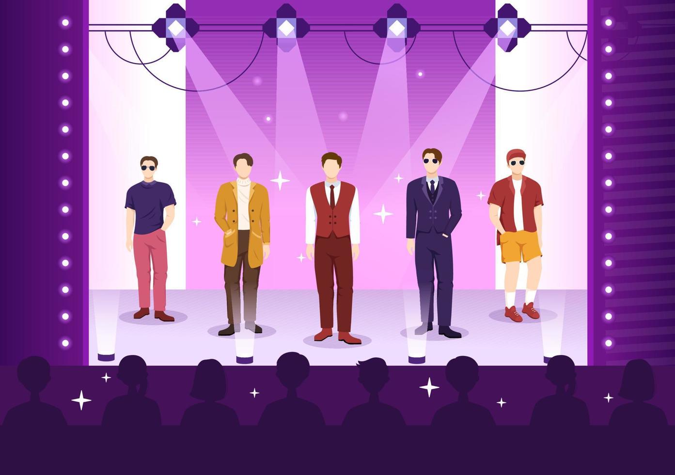 Fashion Men Show with Catwalk Male Models Display Clothes on Runway in Modern Trendy Outfits on Flat Cartoon Hand Drawn Templates Illustration vector