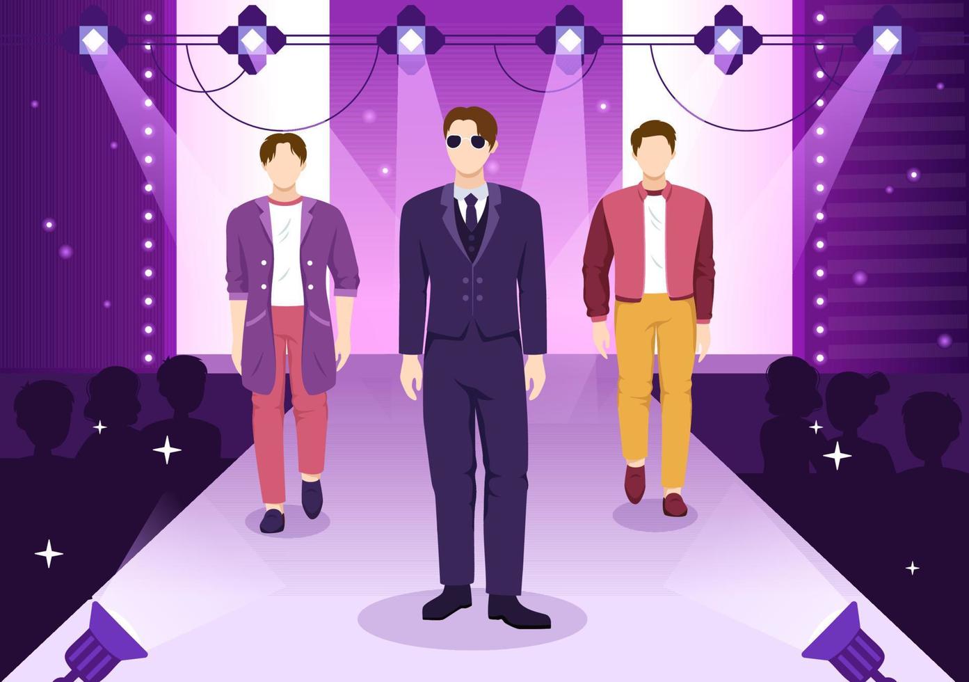 Fashion Men Show with Catwalk Male Models Display Clothes on Runway in Modern Trendy Outfits on Flat Cartoon Hand Drawn Templates Illustration vector