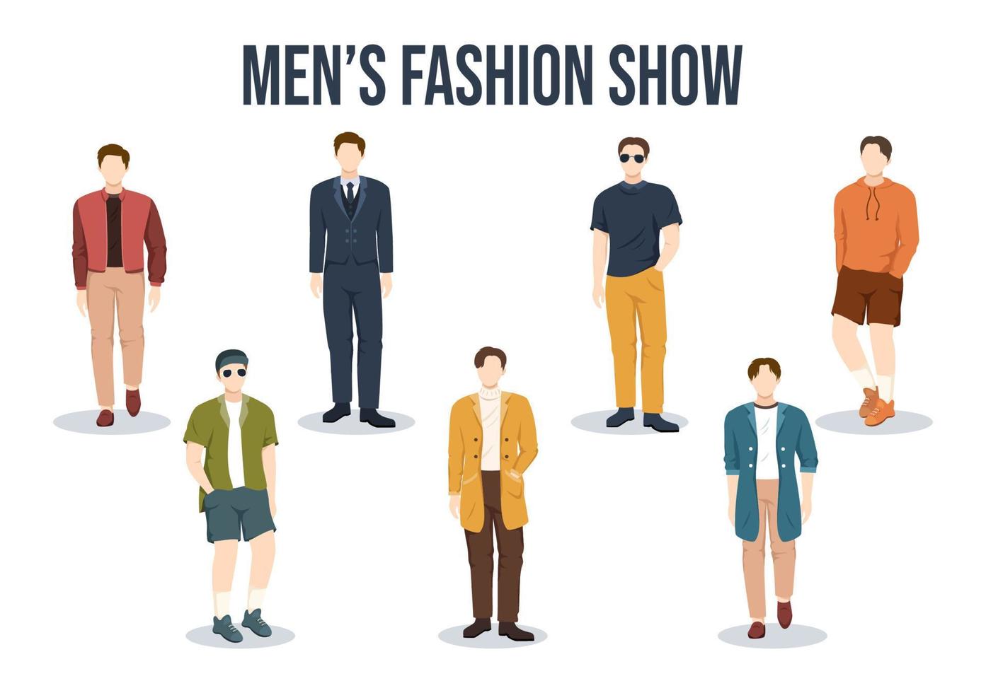 los hombres de la moda se muestran con modelos masculinos de pasarela que muestran ropa en la pista con modernos conjuntos de moda en dibujos animados planos dibujados a mano ilustración de plantillas vector