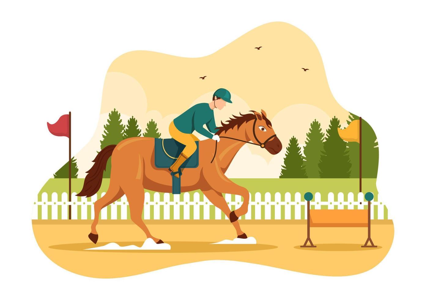 competencia de carreras de caballos en un hipódromo con deporte de rendimiento ecuestre y jinete o jinetes en dibujos animados planos dibujados a mano ilustración de plantillas vector