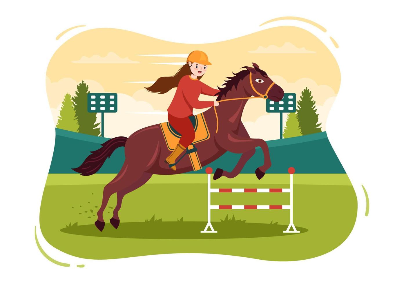 competencia de carreras de caballos en un hipódromo con deporte de rendimiento ecuestre y jinete o jinetes en dibujos animados planos dibujados a mano ilustración de plantillas vector