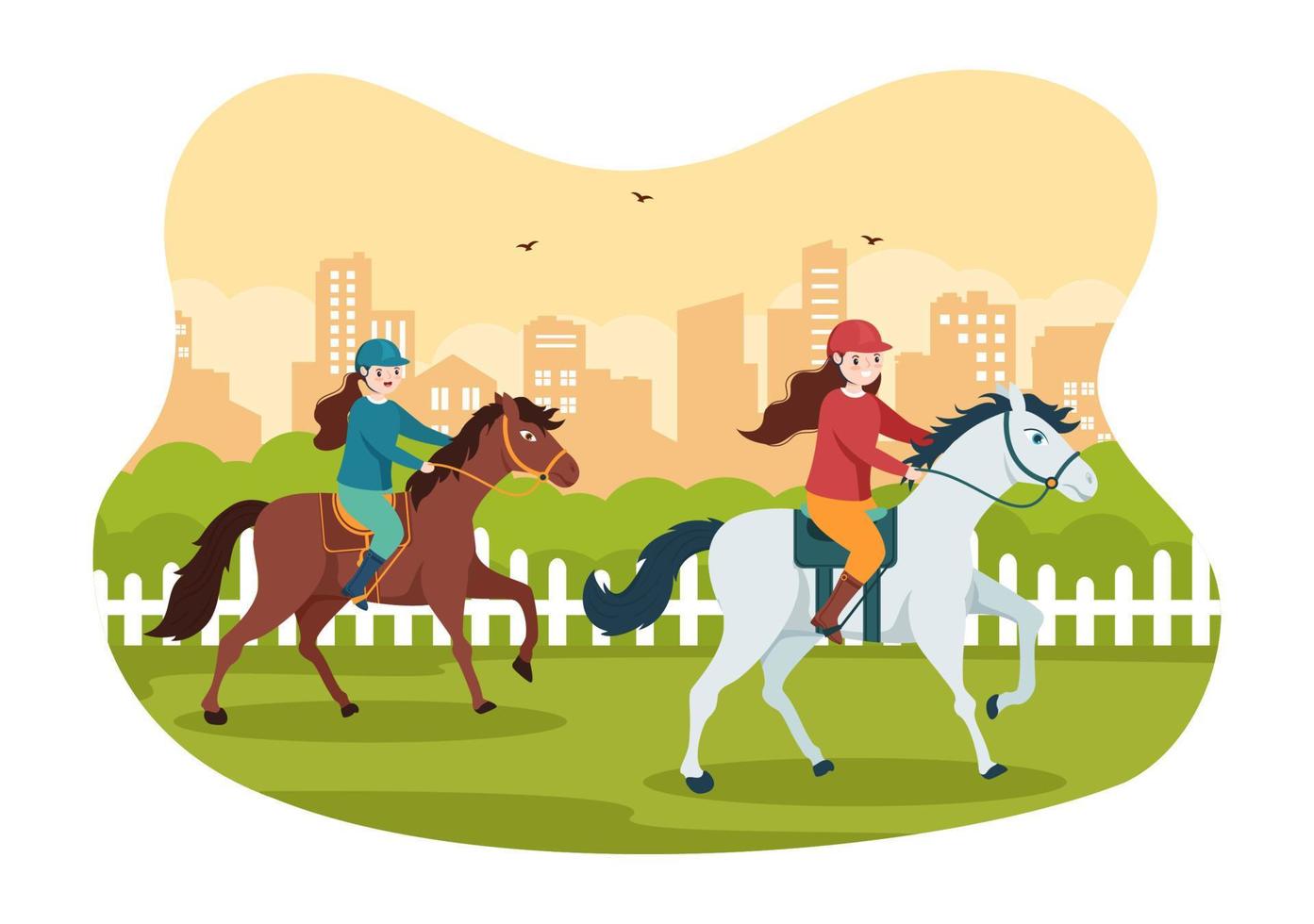 competencia de carreras de caballos en un hipódromo con deporte de rendimiento ecuestre y jinete o jinetes en dibujos animados planos dibujados a mano ilustración de plantillas vector