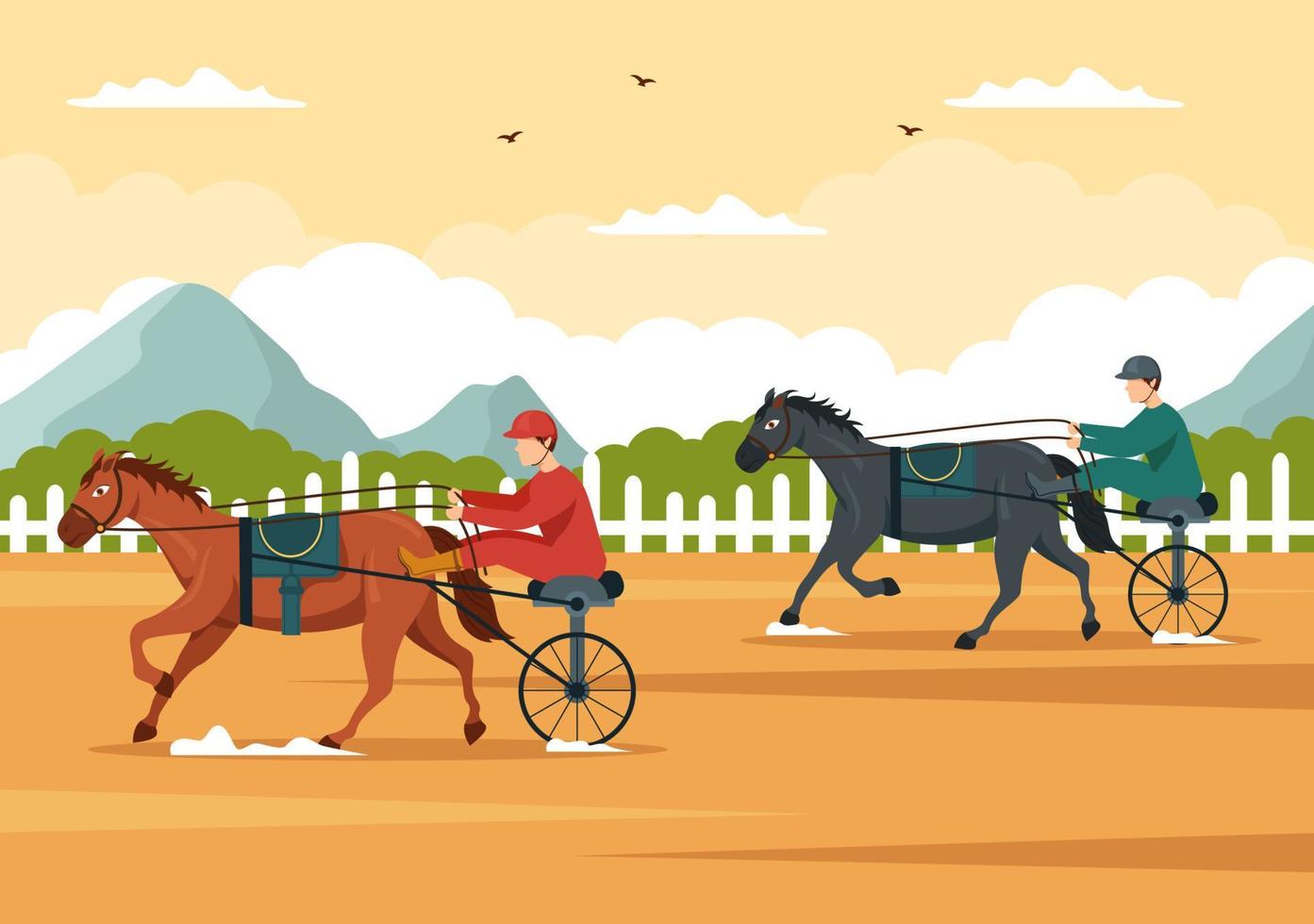 competencia de carreras de caballos en un hipódromo con deporte de rendimiento ecuestre y jinete o jinetes en dibujos animados planos dibujados a mano ilustración de plantillas vector