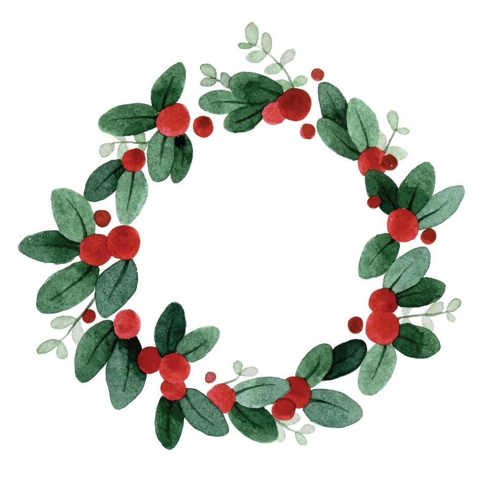 watercolor drawing. Christmas wreath. simple illustration with a wreath of twigs and leaves of eucalyptus and red berries vector