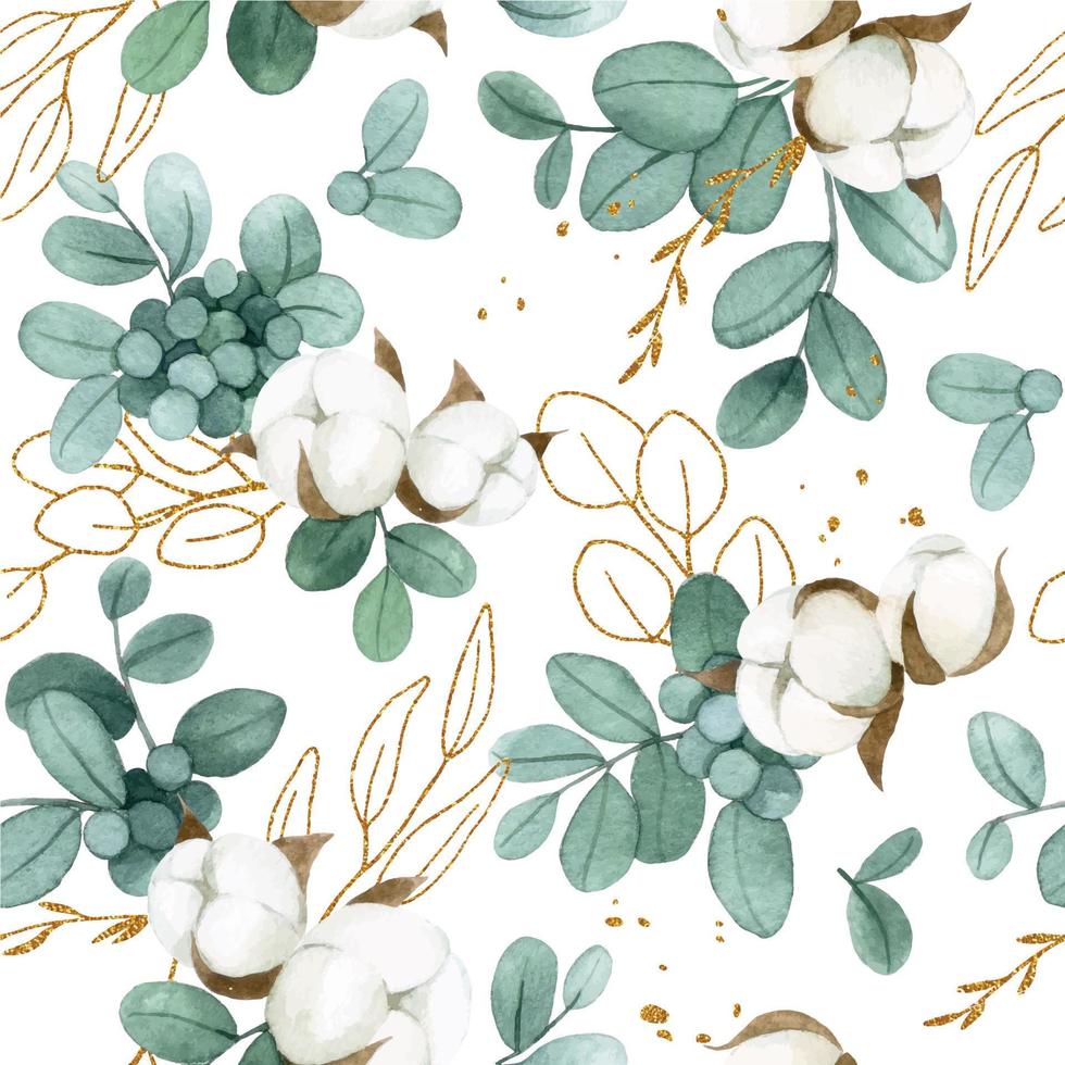 watercolor drawing. seamless pattern with golden eucalyptus leaves and cotton flowers on a white background vector