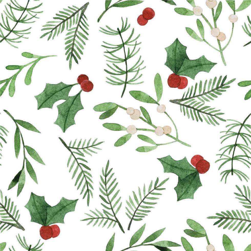 watercolor drawing. seamless pattern with christmas plants. simple print of winter leaves and branches, holly, mistletoe, spruce. vector