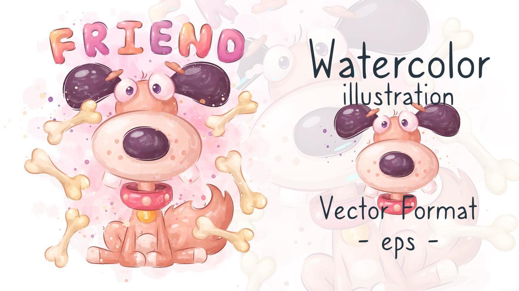 personaje de dibujos animados acuarela perro adorable, ilustración de niños bonitos animales, postal. linda mascota de estilo dibujado a mano. vector