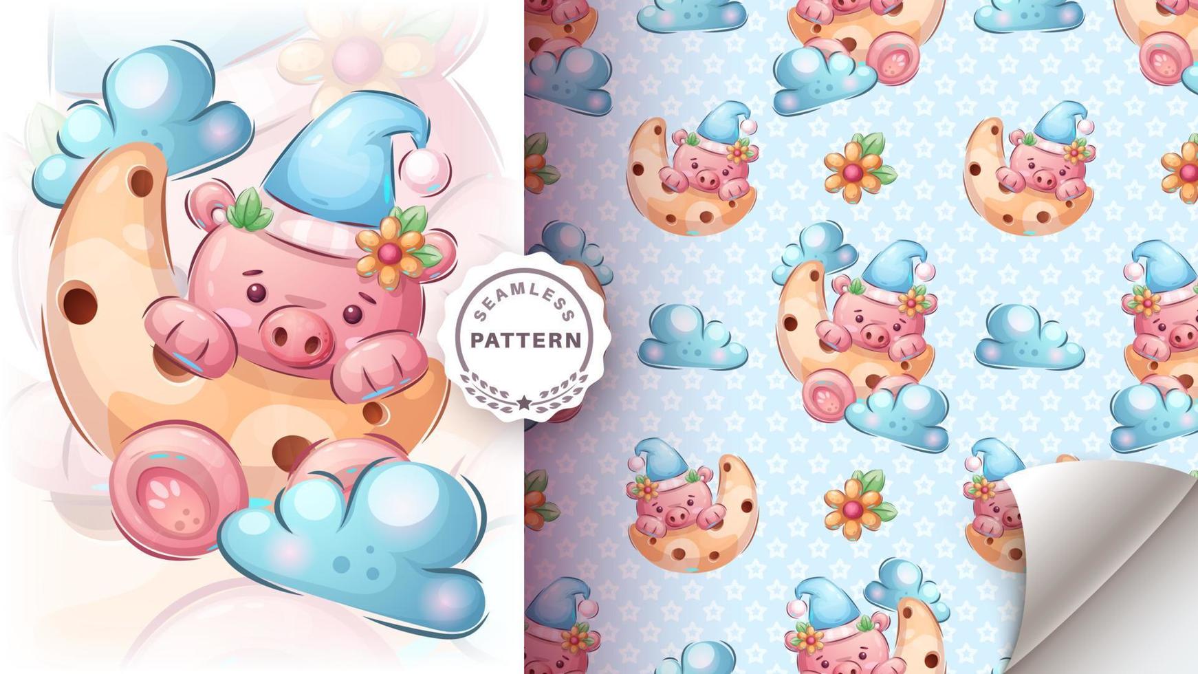 Cartoon character adorable pig, pretty animal idea for print t-shirt, poster and kids envelope, postcard. Cute hand drawn style night vector